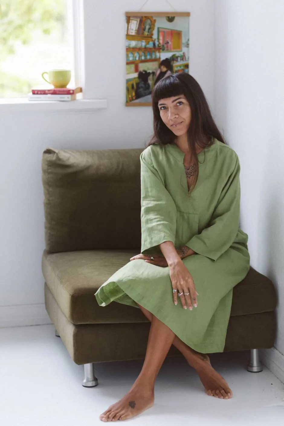 Discount Lazybones Emma Linen Dress In Herb Green